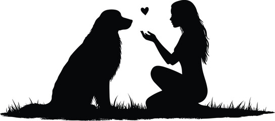 Silhouette of woman and dog, heart symbol, nature backdrop, bonding scene, pet love, outdoor emotion, companionship, friendship, grass, illustration