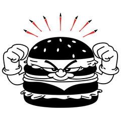 Fierce cartoon burger character flexing muscles with angry expression and red rays