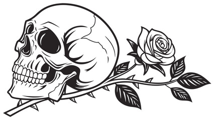Black and white illustration of a skull intertwined with a rose and thorny stem