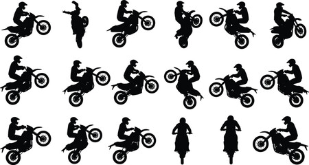 Silhouettes of motorcyclists performing stunts, extreme sports action, wheelies, jumps, motocross tricks, biker adventure, dynamic movement, bold riding thrill