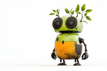 Obraz premium Cute Green Robot Character with Leaves Symbolizing Nature and Sustainability Concepts