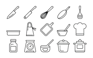 Cooking Tools & Bakeware Line Icons: Knives, Whisk, Pan, Apron, Cutting Board, Bowl, Chef Hat, Scale & Kitchen Utensils Vector Set