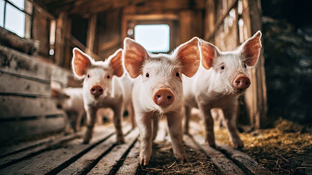 Three adorable piglets lined up inside a rustic barn, showcasing their playful spirit.