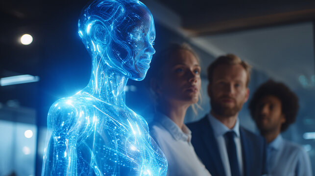 An AI hologram agent representing autonomy and teamwork, standing beside humans in a modern office, symbolizing collaboration between artificial intelligence and human workforce