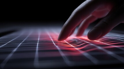 A close-up of a hand interacting with a glowing, grid-patterned digital interface, highlighting futuristic technology and touch control, interactive-human-touch with AI