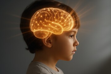 Illuminating Young Mind: A captivating visualization of a child's mind, highlighted by a glowing brain, illustrating potential, curiosity and cognitive exploration.