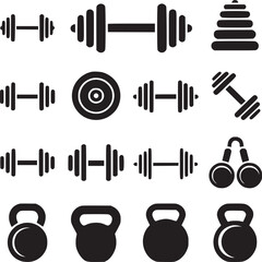 Gym equipment vector icons set, dumbbell, kettlebell, weight plate, and other fitness elements