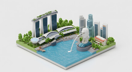 Isometric 3D diorama of Singapore's futuristic city skyline with its iconic architectural landmarks.