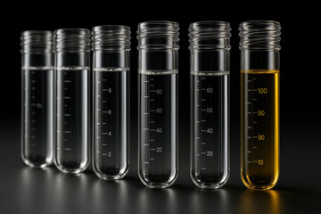 Test tube with clear and amber liquid black background, scientific experiment concept with precise measurement and reflection