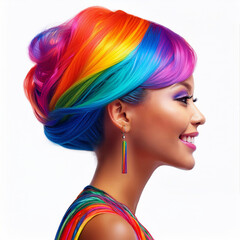 Naklejka premium Spanish or Latino beautiful woman with rainbow hair and clothes