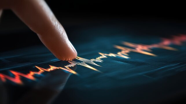 A finger interacts with a digital touchscreen displaying fluctuating data graphs in a dark, high-tech environment, interactive-human-touch with AI