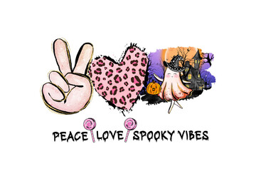 peace love spooky vibes, Halloween design with a ghost and haunted house Sublimation Design isolated on transparent background