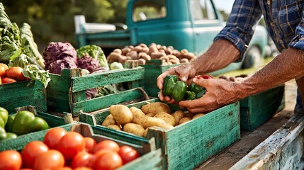 A man examines fresh green peppers at a vibrant farmer's market.