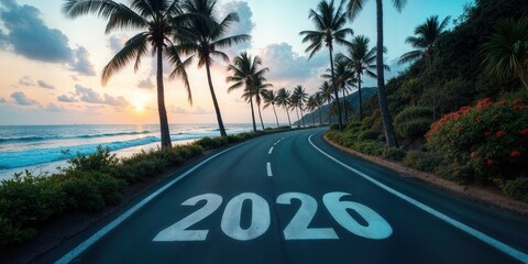 Coastal road at sunrise with large white "2026" numerals painted on asphalt surface. Curved road with dashed center line leading toward tropical coastline. 