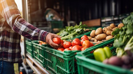 A man selecting fresh tomatoes at a vibrant farmers' market.