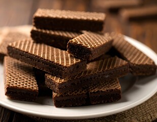 Crispy chocolate wafer biscuits stacked on a white plate with wooden background. Delicious sweet snack perfect for dessert, advertising, or packaging design.