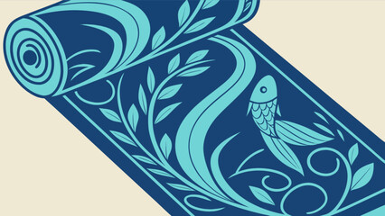 Obraz premium Illustration of a blue mat with a rolled edge and a light blue fish and leaf pattern design on it