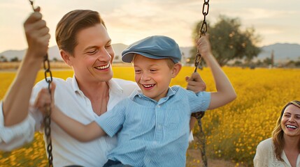 Smiling father and son enjoying a joyful moment on a swing in a vibrant field.
