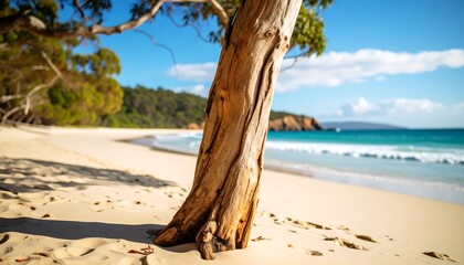 Sunny beach scene with a weathered tree trunk