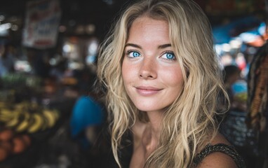 Beautiful blonde woman with blue eyes, in the background of an outdoor nightclub, looking at the camera.