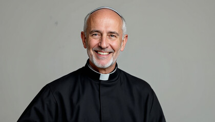 Close-up portrait of Vatican priest in cassock on white background, serene and warm.
