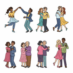 Dancing couples in various styles and ages
