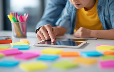 Close-up of a young woman and child using a tablet, working together on a digital project with colorful sticky notes in an office setting.
