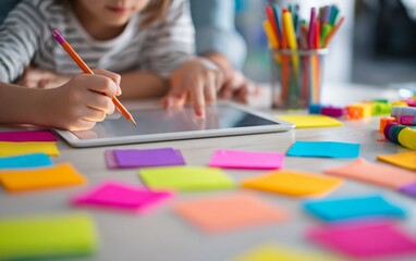 A young girl and her mother using an iPad to create colorful stickers on the table, surrounded by various colors of sticky notes.