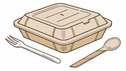 Illustration of a closed takeout container with a plastic fork and a wooden spoon beside it