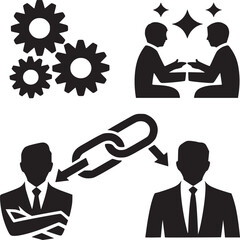 Business strategy collaboration teamwork partnership and success concept vector illustration icon set