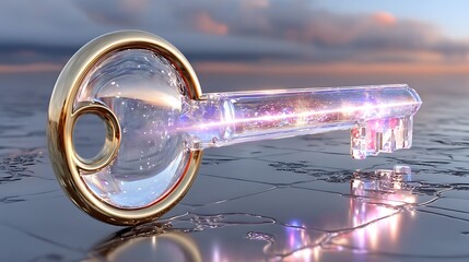 Transparent key with golden detail reflecting light over abstract background of water and sky