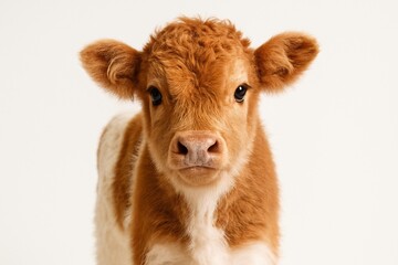 Adorable brown and white calf looking at camera
