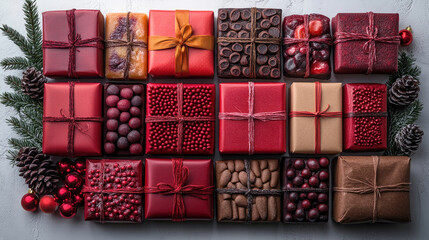 Fototapeta premium Merry Christmas, New Year, craft packaging gift boxes red ribbon bow, light simple background Flat lay, copy space, banner, sale, surprise, birthday