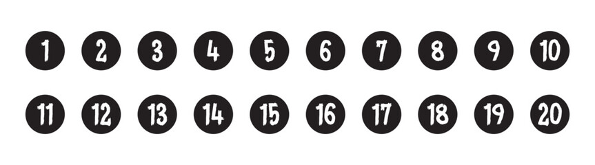 Bullet Points icon set in line style, Simple round numbers in flat style, Set of 1-20 numbers simple black symbol sign for apps, UI, and website, vector illustration.