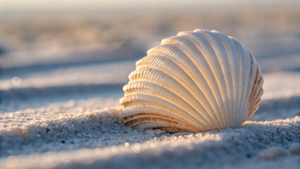 A close up of a seashell on a sandy beach with soft lighting and shallow depth of field creating blur