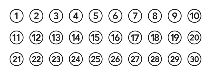 Bullet Points icon set in line style, Simple round numbers in flat style, Set of 1-30 numbers simple black symbol sign for apps, UI, and website, vector illustration.