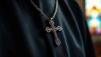 Close-up of priest&rsquo;s cross necklace resting on cassock in soft, sacred light.
