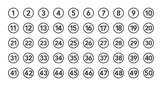 Bullet Points icon set in line style, Simple round numbers in flat style, Set of 1-50 numbers simple black symbol sign for apps, UI, and website, vector illustration.