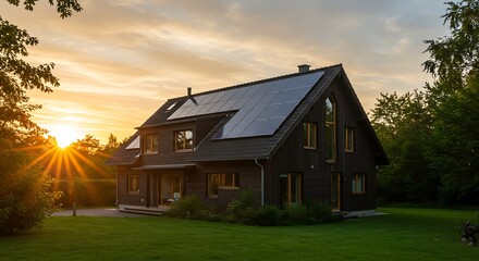 Obraz premium House with solar panels at sunset surrounded by lush greenery