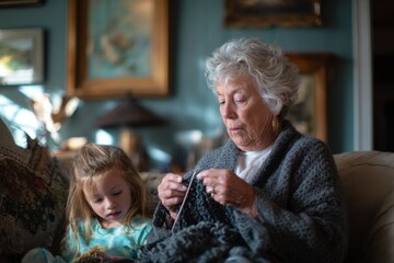 Elderly woman knitting while granddaughter watches in cozy living room, family bonding moment