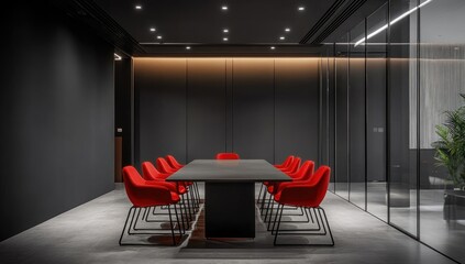 Modern conference room with dark walls and red chairs