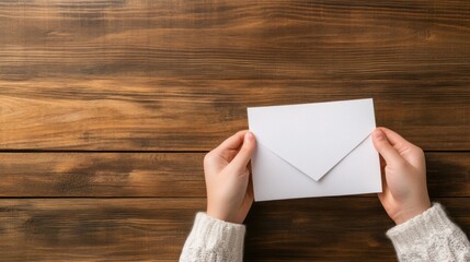 Obraz premium Hands Holding an Envelope on a Rustic Wooden Surface