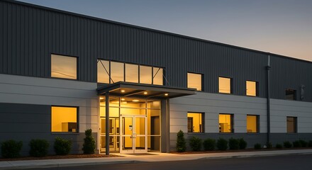 Fototapeta premium Commercial building at dusk with warm interior lights and modern design