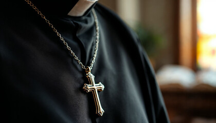 Close-up of priest’s cross necklace resting on cassock in soft, sacred light.
