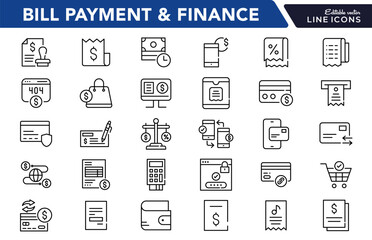 Bill payment and finance linear icon set. Invoice, receipt, banking, online transaction, tax, ATM, credit card, money transfer, budgeting, financial document vector icon set. UI thin line pack.