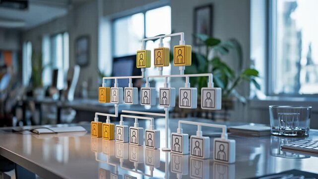 Organizational hierarchy chart model on desk in modern office showing corporate structure and team management.