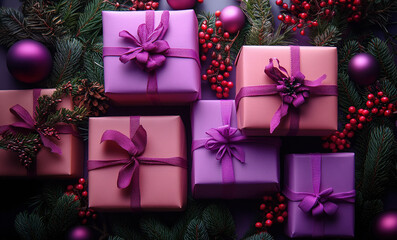 Merry Christmas, New Year, close up violet craft packaging, holiday background purple monochrome style, gold decoration ball, pine cones, stars, snowflakes, gift box. Flat lay, copy space, banner