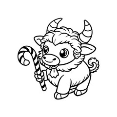 Cartoon illustration of a cute baby bull holding a candy cane, outlined in black and white