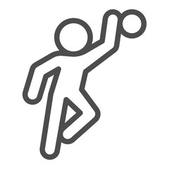 Jump of athlete man with ball line icon, basketball sport concept. Vector graphics. Basketball player, sportsman sign on white background, outline style icon for mobile or web design.