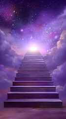Stairway to heaven leading to a bright light in a purple starry sky